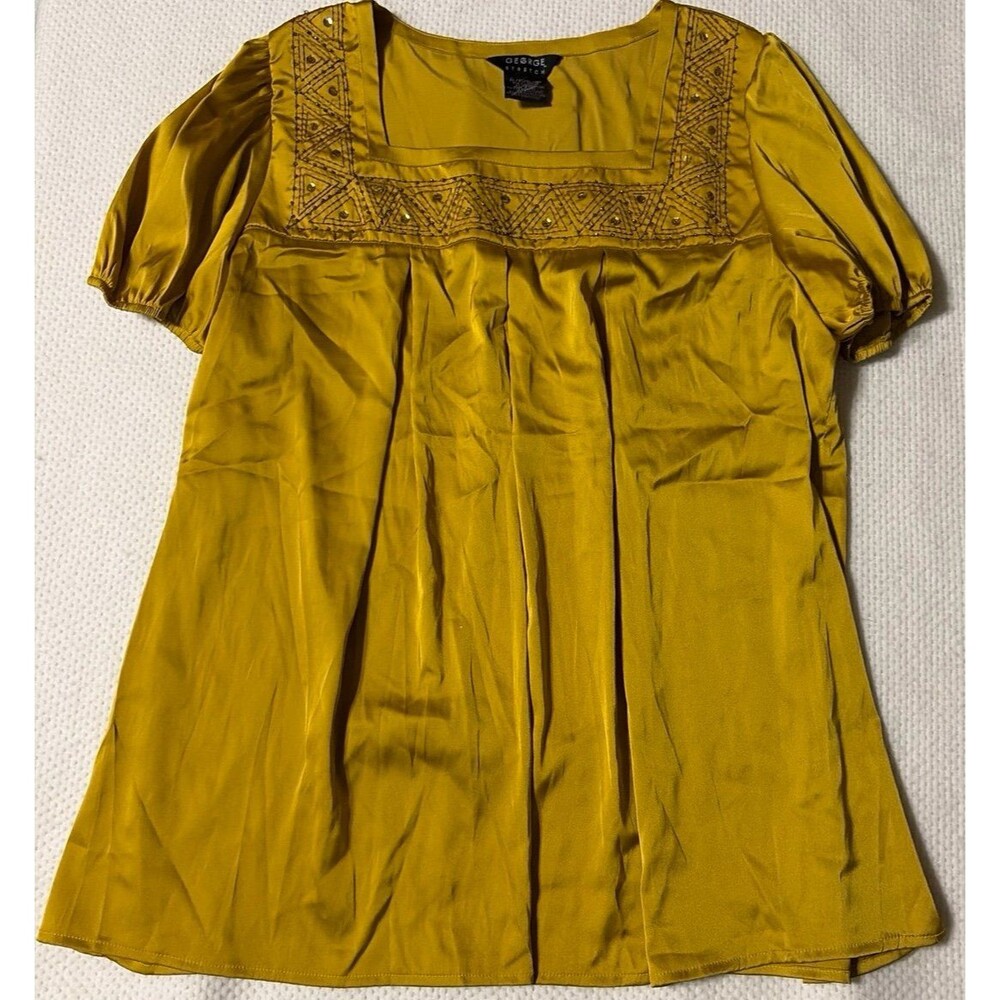 George Stretch Mustard Embroidered Beaded Puff Sleeve Blouse XL 16/18